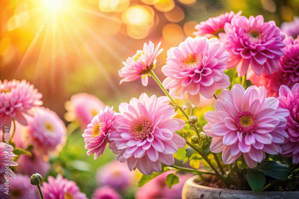 Fototapeta premium Pretty pink flowers bask in the spring sunlight, a floral dream.
