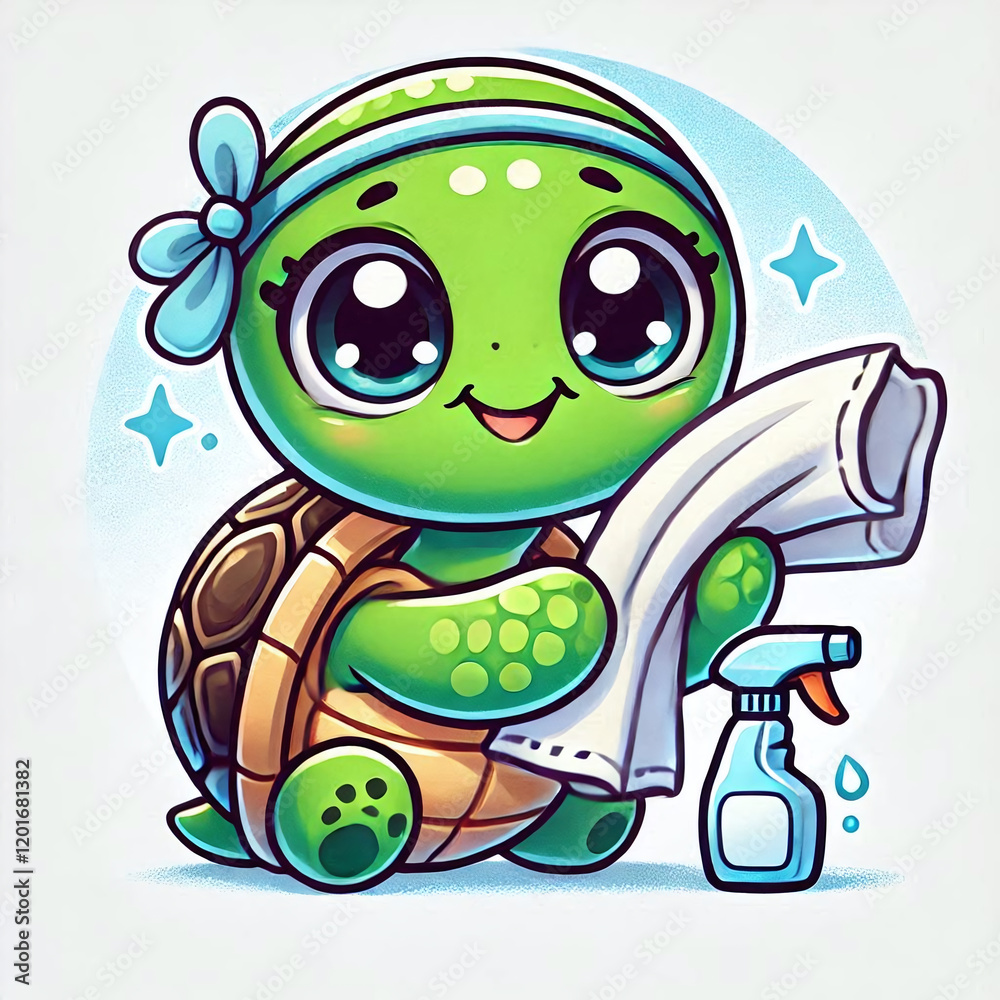 Obraz premium Cheerful Turtle with Big Eyes Polishing a Mirror with Enthusiasm