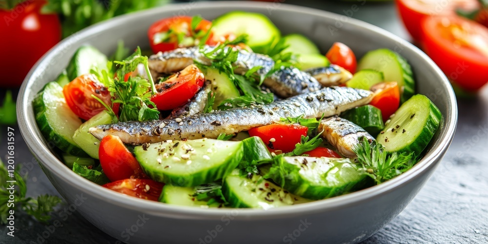 Fresh salad featuring creamy avocado, crisp cucumbers, canned sardines, and vibrant herbs, showcasing a delightful mix of flavors in this salad. The salad offers a healthy option for any meal. Fresh salad featuring creamy avocado, crisp cucumbers, canned sardines, and vibrant herbs, showcasing a delightful mix of flavors in this salad. The salad offers a healthy option for any meal.