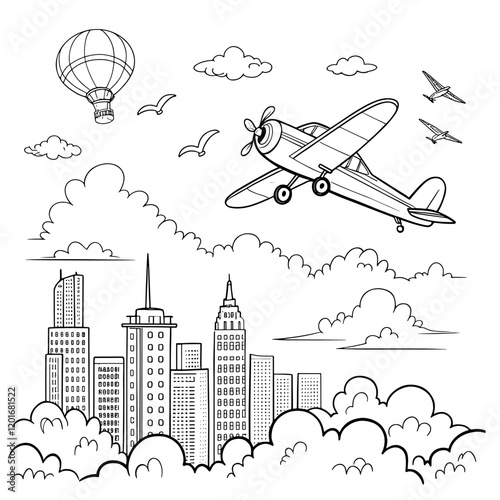 airplane flying in the sky . black and white simple line art. Perfect for kids' coloring activities.
