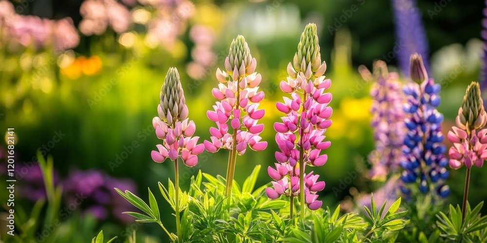 Obraz premium Lupins bloom elegantly as pink flowers on the lupin plant, creating a vibrant display in a garden setting. The stunning lupins showcase the beauty of nature and colorful landscaping.