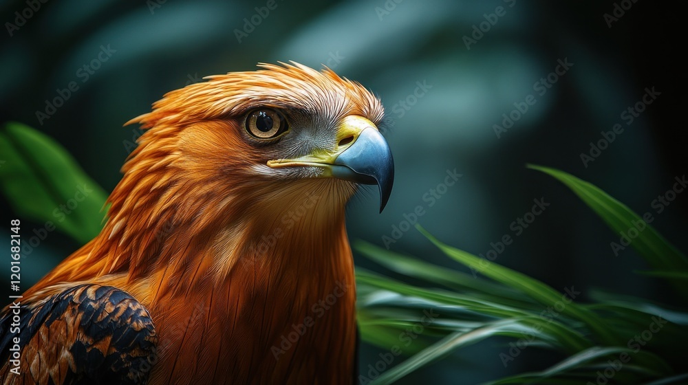 Fototapeta premium Close-up portrait of a majestic orange hawk with sharp gaze amidst lush green foliage.