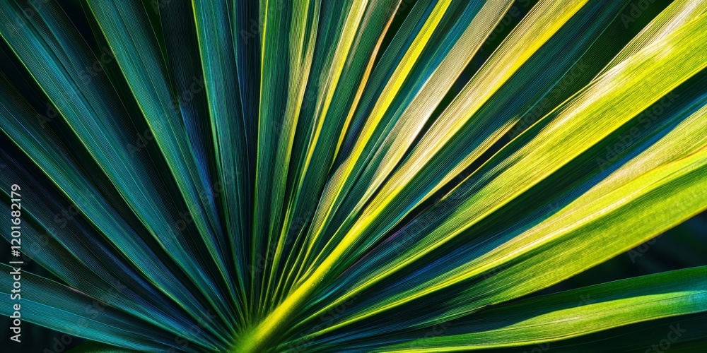 Obraz premium Extreme close up of a palmetto frond highlighting its intricate details, textures, and vibrant colors, showcasing the beauty of a palmetto frond in a captivating natural setting.