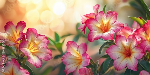 Morning view of vibrant Adenium flowers showcasing their beautiful colors. The bright Adenium flowers bloom beautifully, capturing the essence of a serene morning atmosphere.
