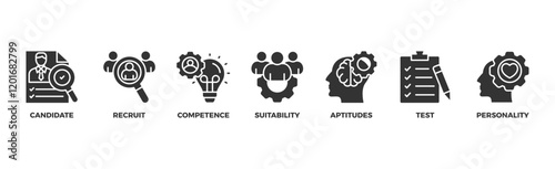 Assessment center banner web icon illustration concept for personal audit of human resources with icon of user candidate, recruit, competence, suitability, aptitudes, test and personality	