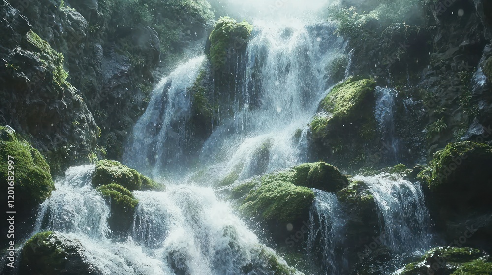Sunlit waterfall cascading over moss-covered rocks. Sunlit waterfall cascading over moss-covered rocks.