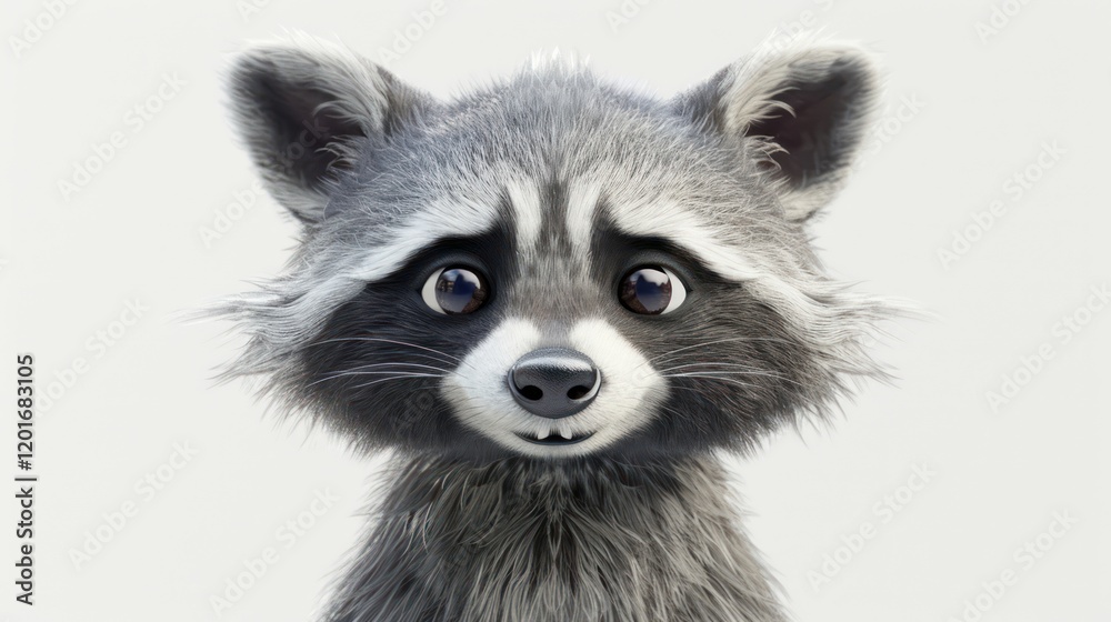 A quirky cartoon raccoon with big ears, a striped tail, and a sly grin, featuring gray fur and black-and-white markings against a plain white background. A quirky cartoon raccoon with big ears, a striped tail, and a sly grin, featuring gray fur and black-and-white markings against a plain white background.