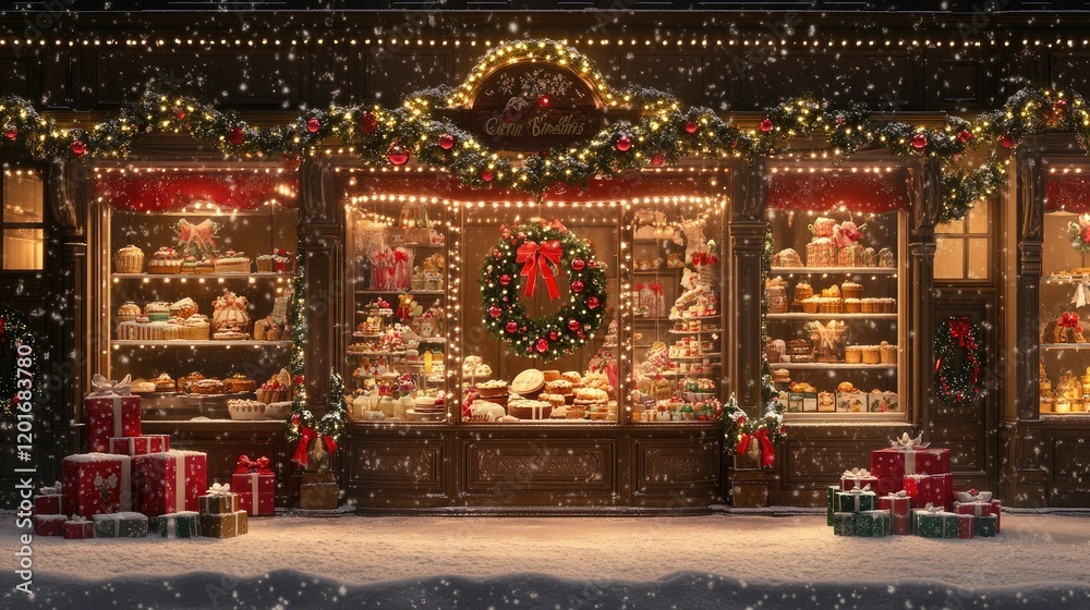 Fototapeta premium 1. **Showcase of Christmas Decorations in a Shop on a Winter Evening**