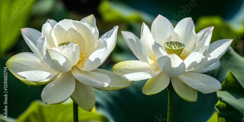 Lotus flowers in full bloom, showcasing two stunning white lotus blooms that thrive under the warm sunlight, creating a beautiful display of nature s elegance with these lotus flowers. photo