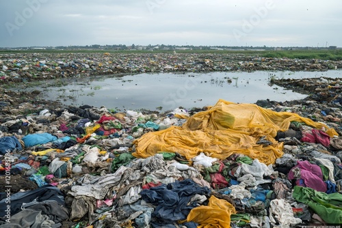 Landfill site polluting water with plastic and textile waste