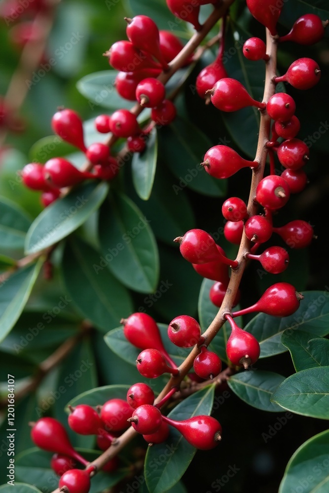 Fototapeta premium Red cranberry garland on tan eucalyptus foliage, evergreen, eucalyptus, red