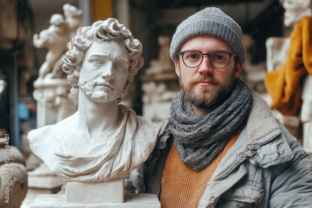Naklejka premium Art restorer standing next to a bust in his workshop