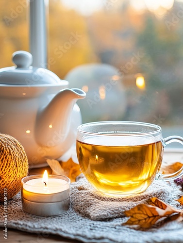 Autumn Herbal Tea with Candles and Cozy Knitwear - Warm autumnal scene. Herbal tea in a glass cup, lit candles, cozy knitwear, and autumn leaves symbolize comfort, relaxation, warmth, and tranquility. photo