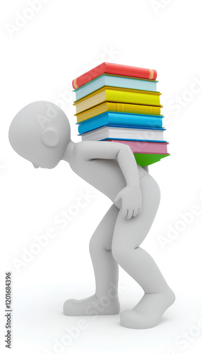White humanoid figure carrying vibrant books: conceptual education art symbolizing the weight of knowledge and responsibility