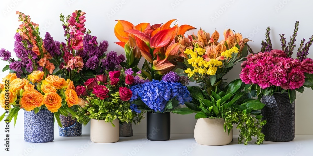 Obraz premium Floral arrangements beautifully displayed on a white background, showcasing a variety of vibrant colors and designs. These floral arrangements highlight the artistry of nature s blooms.