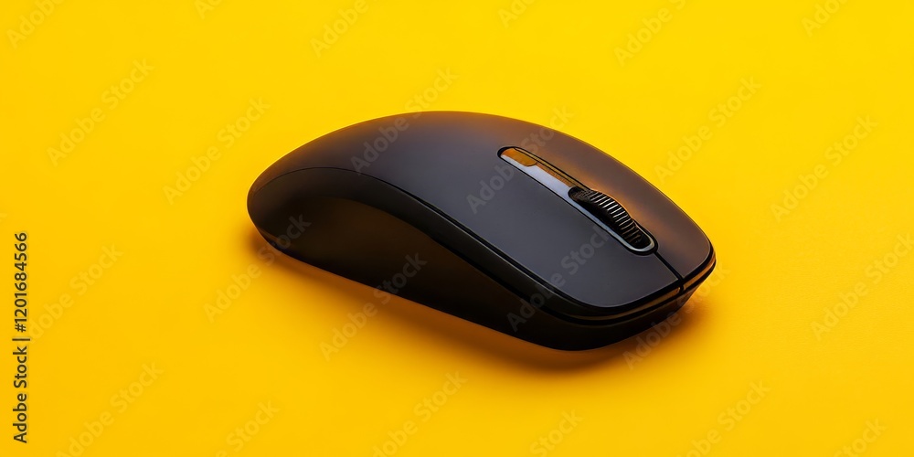 Black wireless mouse for PC placed on a yellow background, showcasing the sleek design of the black wireless mouse for enhanced user experience and functionality on any PC setup. Black wireless mouse for PC placed on a yellow background, showcasing the sleek design of the black wireless mouse for enhanced user experience and functionality on any PC setup.