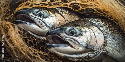 Two salmon fish caught in a fishing net, showcasing the beauty and richness of salmon, while highlighting the fishing net s role in capturing these magnificent salmon fish. photo