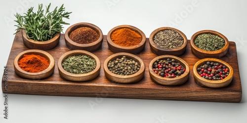 Fototapeta Naklejka Na Ścianę i Meble -  Assorted herbs and spices beautifully arranged on wooden boards create a visually appealing display of flavors. The vibrant herbs and spices on wooden boards enhance any culinary experience.