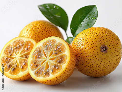 Fresh limequat halves and whole fruits on white background, ideal for recipes or food blogs photo