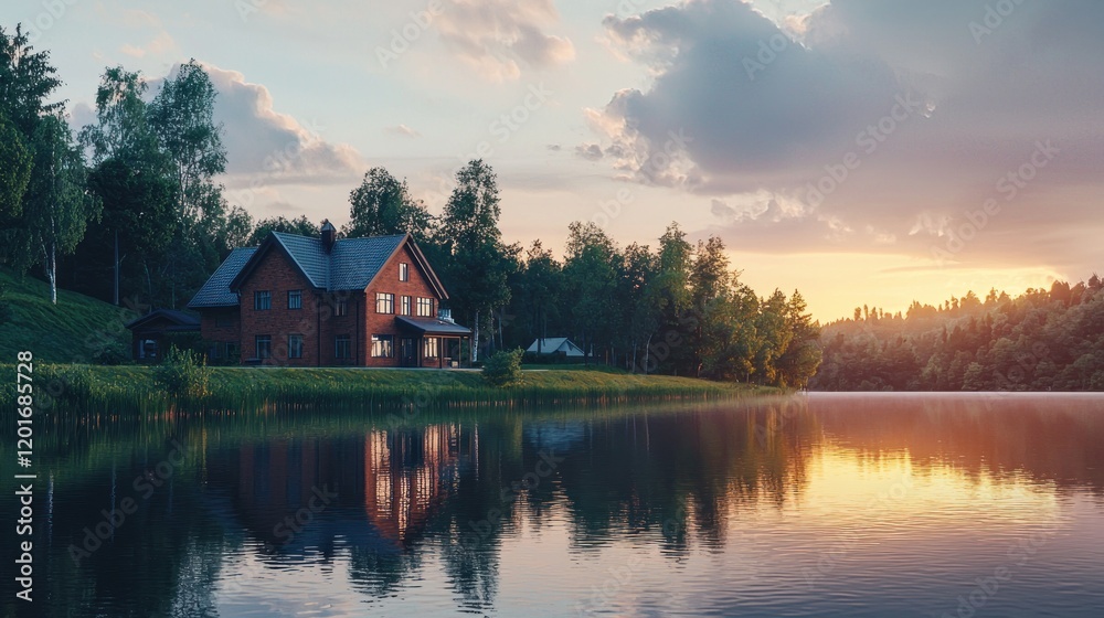 Sunset view of a lakeside house. Sunset view of a lakeside house.