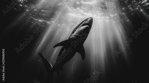 Majestic great white shark silhouetted against sunbeams underwater. photo