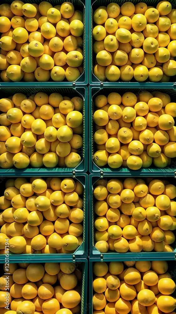 Lemons arranged in green crates for market display. Organic lemon fruit with natural yellow winter harvest in garden. Lemons arranged in green crates for market display. Organic lemon fruit with natural yellow winter harvest in garden.