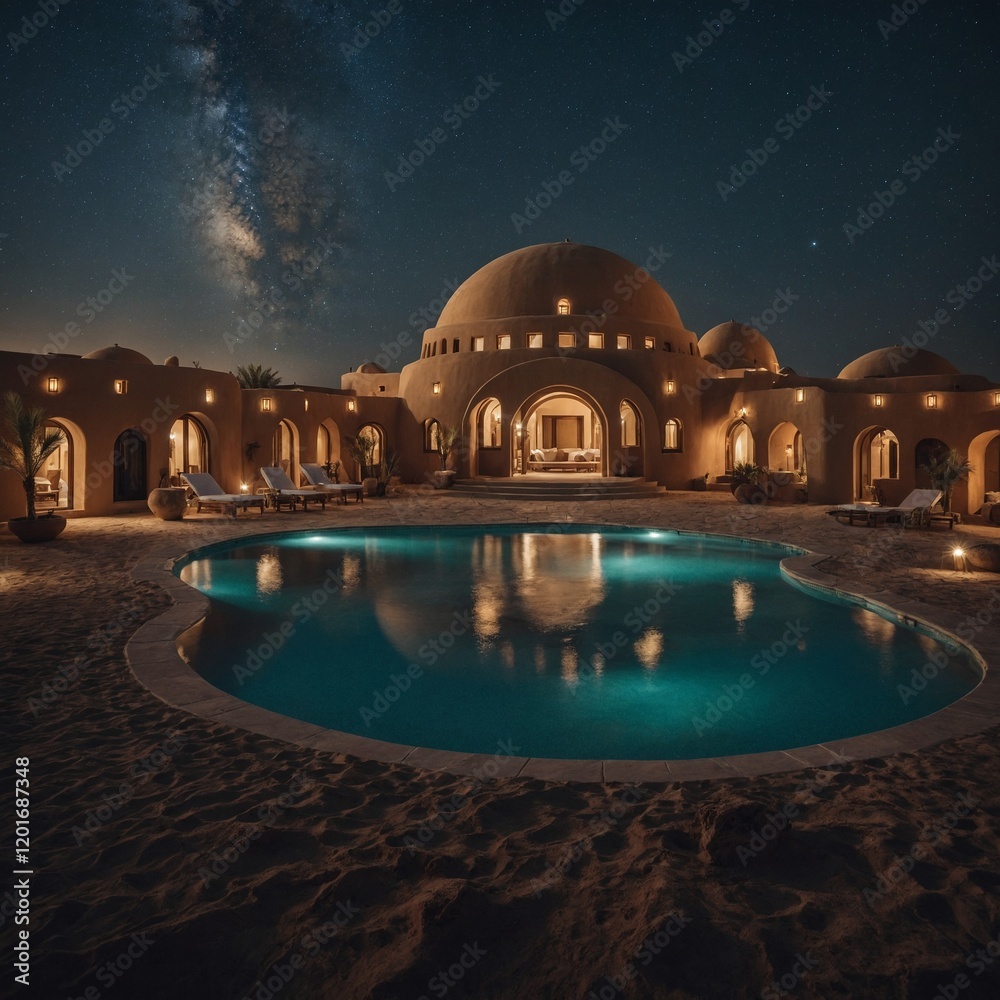 Naklejka premium A luxury desert resort with domed suites, sandy tones, and a pool oasis under a starry sky.
