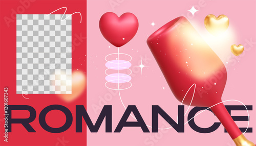 3D template in Y2K style with elements of a glass, heart, and geometric shapes. Romantic vector horizontal banner. Suitable for creating invitations for romantic dates, social media design. 