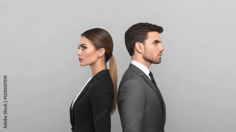 Professional Representation of a Woman and a Man in Business Attire Standing Back to Back on a Neutral Background Professional Representation of a Woman and a Man in Business Attire Standing Back to Back on a Neutral Background