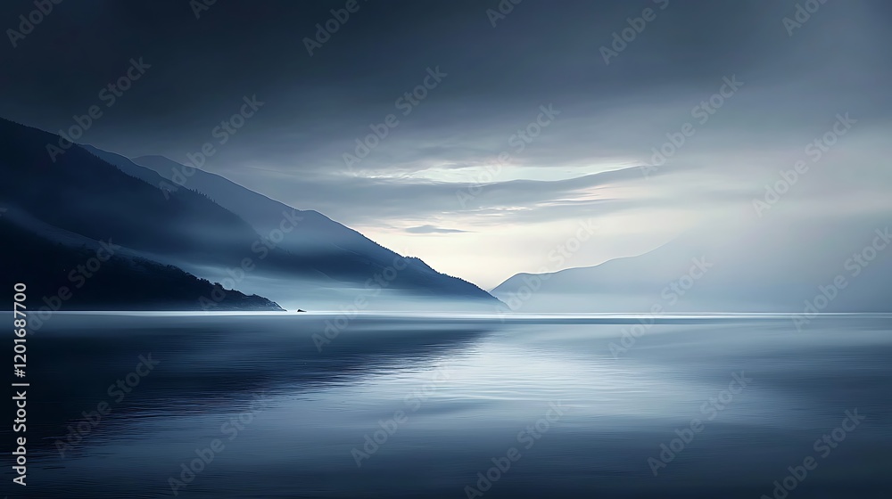 Naklejka premium Serene mountain lake sunrise; misty, calm water; peaceful landscape; nature background; ideal for travel brochure
