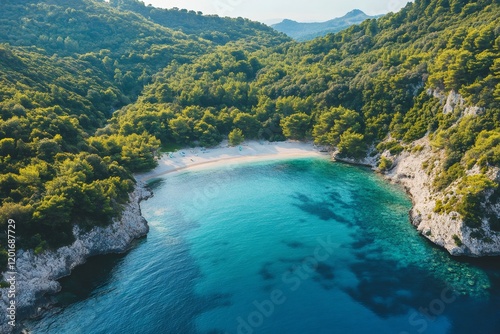 Wallpaper Mural Aerial view of hidden beach with turquoise water surrounded by green forest Torontodigital.ca