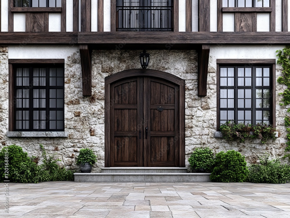 A large wooden door in front of a stone building A large wooden door in front of a stone building