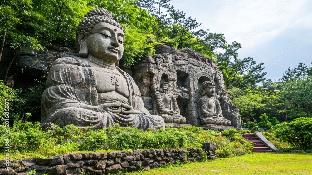 Giant Buddha serene mountainside temple garden Giant Buddha serene mountainside temple garden