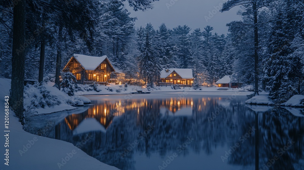 Fototapeta premium Village near a winter lake in the evening