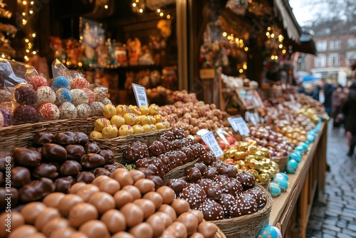 Delicious treats displayed at a festive christmas market stall photo