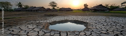 Rural Village at Sunset with Drought-Affected Landscape and Traditional Huts photo