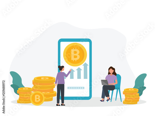 Business people with big smartphone and bitcoin cryptocurrency money and using laptop for online funding and making investments for bitcoin. Digital Money. Cryptocurrency Investment Concept.