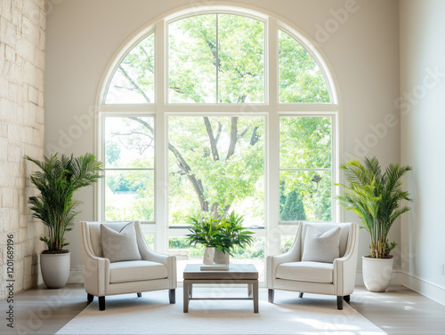 Bright and Elegant Living Room with Large Window and Indoor Plants