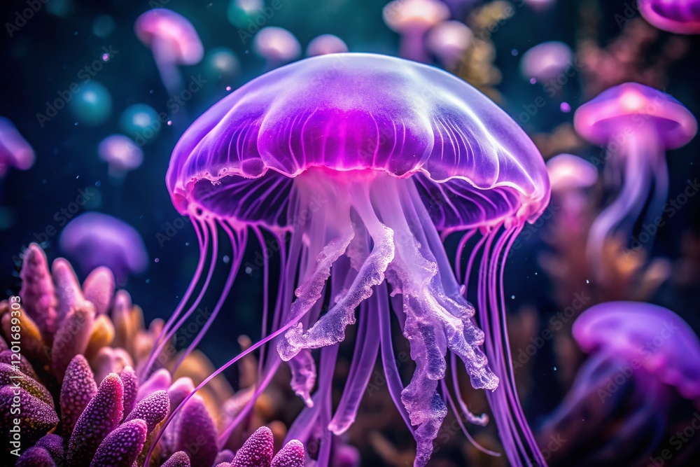 Obraz premium Vivid Purple Jellyfish Swimming in Aquarium Tank - Underwater Stock Photo
