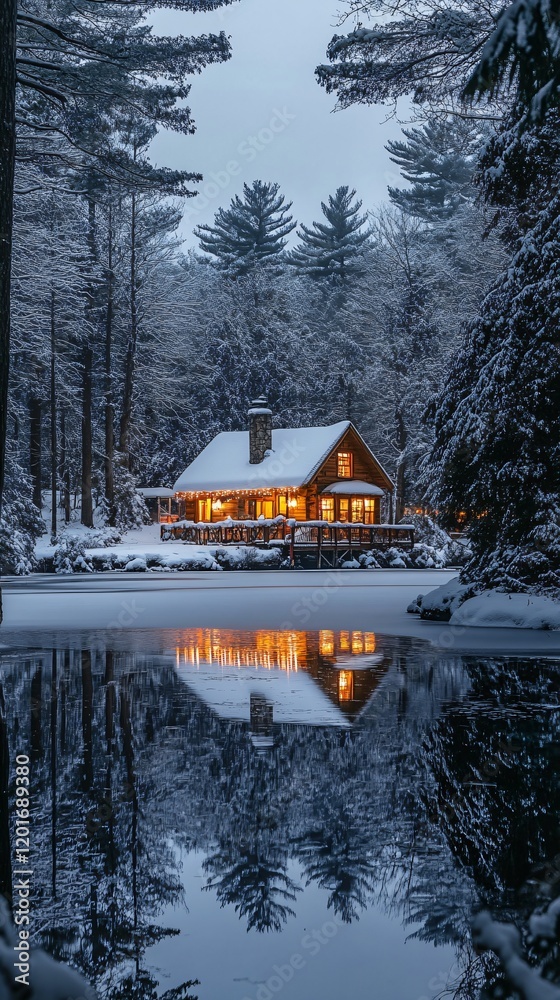 Fototapeta premium house near a winter lake in the evening