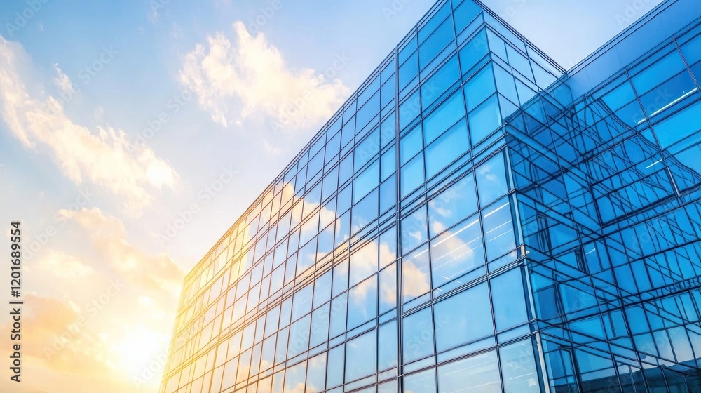 Modern glass building reflecting sunset sky. Modern glass building reflecting sunset sky.