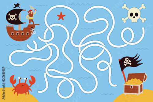 Pirate board game template,map,treasure island,pirate ship.Kids advanture game.Cartoon flat vector illustration