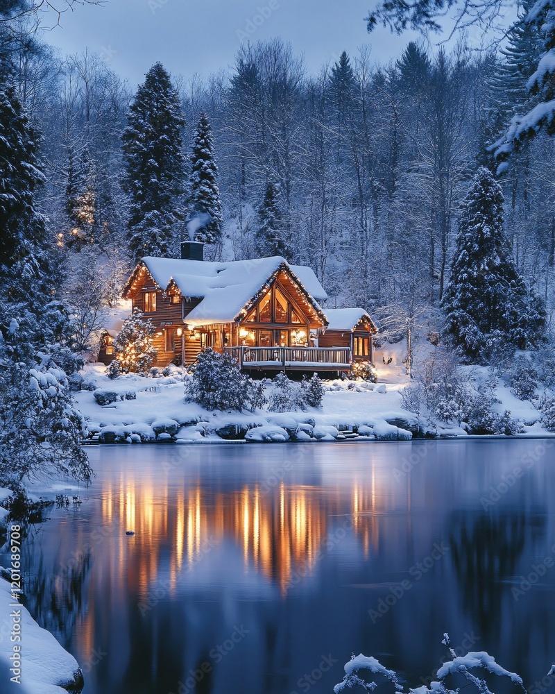 Fototapeta premium house near a winter lake in the evening
