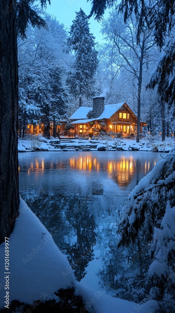 Obraz premium house near a winter lake in the evening