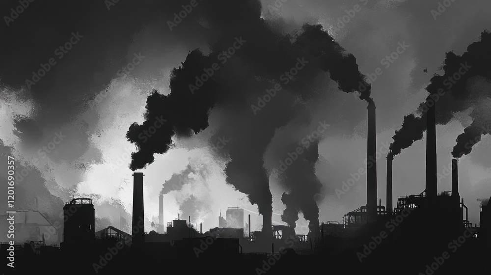 Industrial Landscape of Smokestacks and Pollution with Black and White Tones Industrial Landscape of Smokestacks and Pollution with Black and White Tones