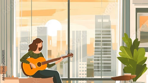 girl with guitar on the window at evening illustration 