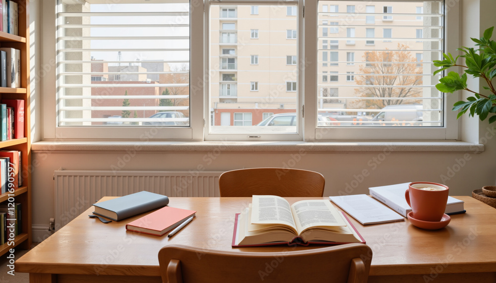 Tranquil desk setup in a cozy library, fostering focus and calmness. Great housekeeping, clean and tidy. Tranquil desk setup in a cozy library, fostering focus and calmness. Great housekeeping, clean and tidy.