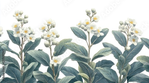 Wallpaper Mural White flowers, green leaves border, botanical illustration, nature design, home decor Torontodigital.ca