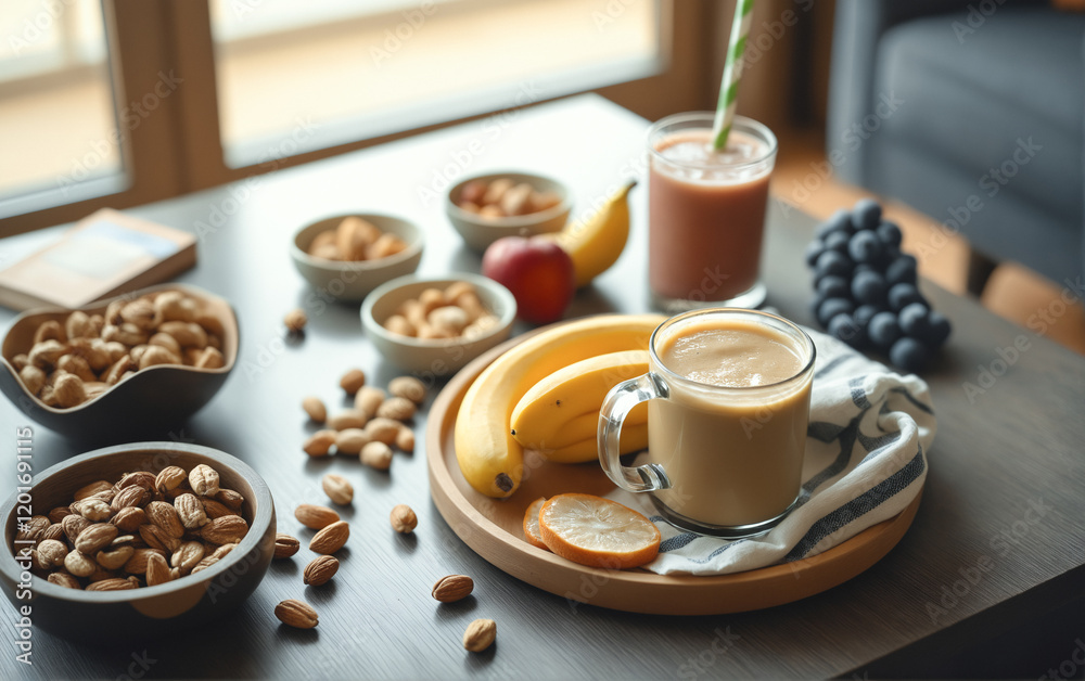 A beautifully arranged breakfast table featuring a cup of coffee, assorted nuts, fresh fruits, and yogurt in a cozy home setting. A beautifully arranged breakfast table featuring a cup of coffee, assorted nuts, fresh fruits, and yogurt in a cozy home setting.
