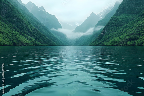 Serene lake nestled among lush green mountains shrouded in mist photo